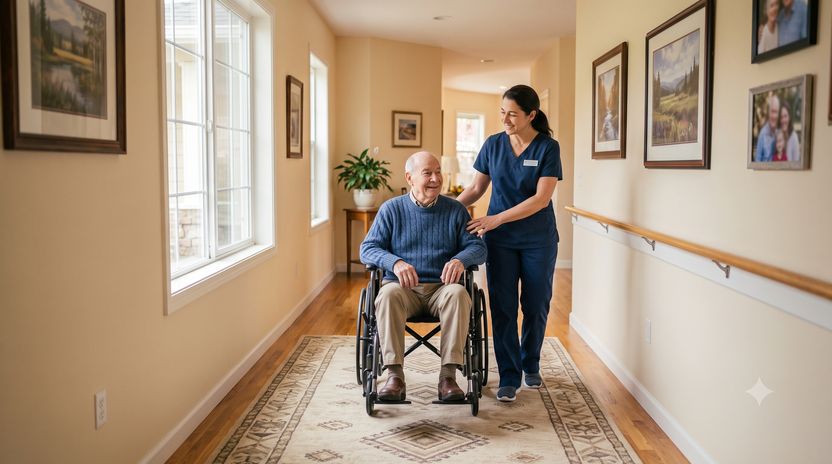 Elderly resident smiling in comfort